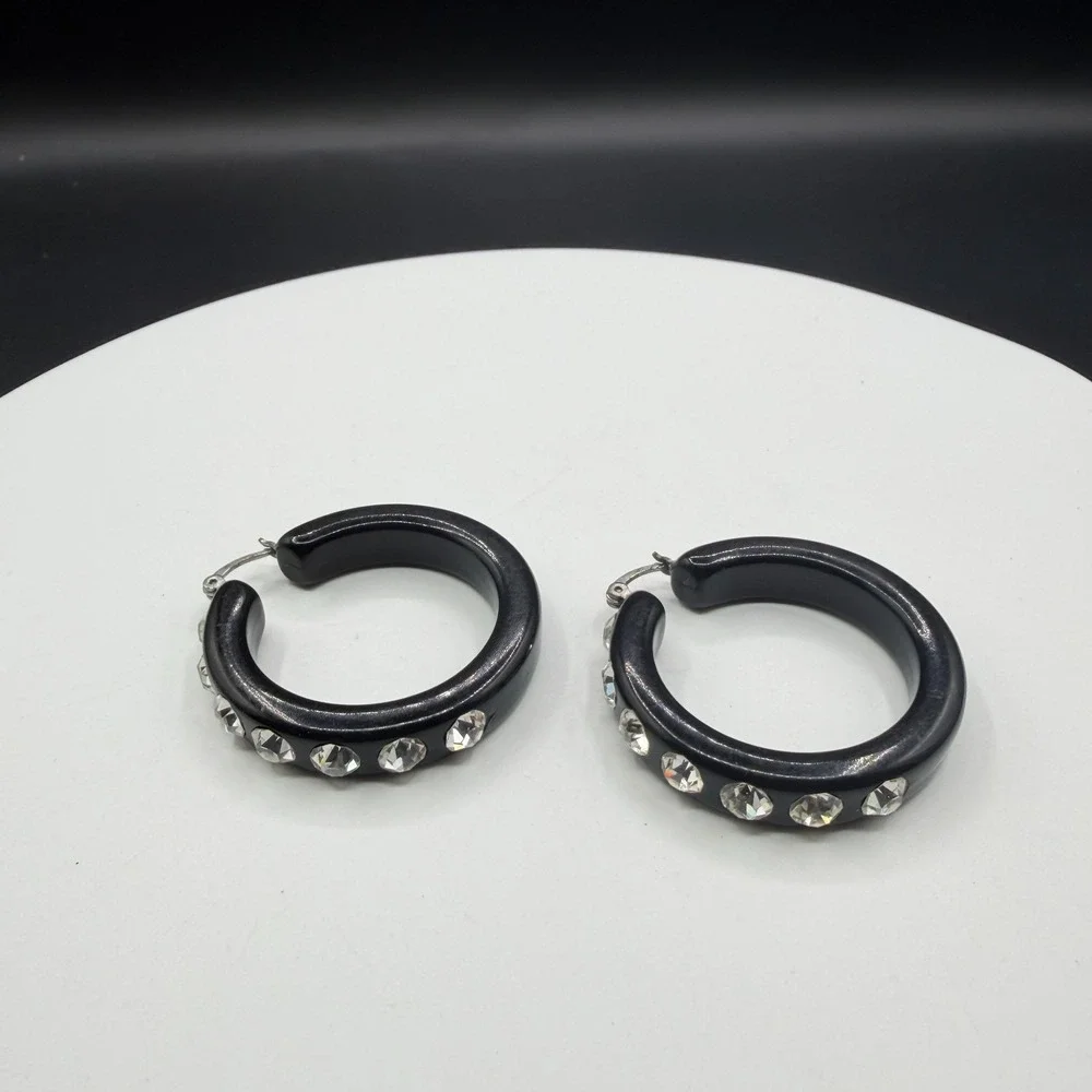 Black Chunky Hoop Earrings Clear Rhinestone Statement Y2K Glam Sparkle Pierced
